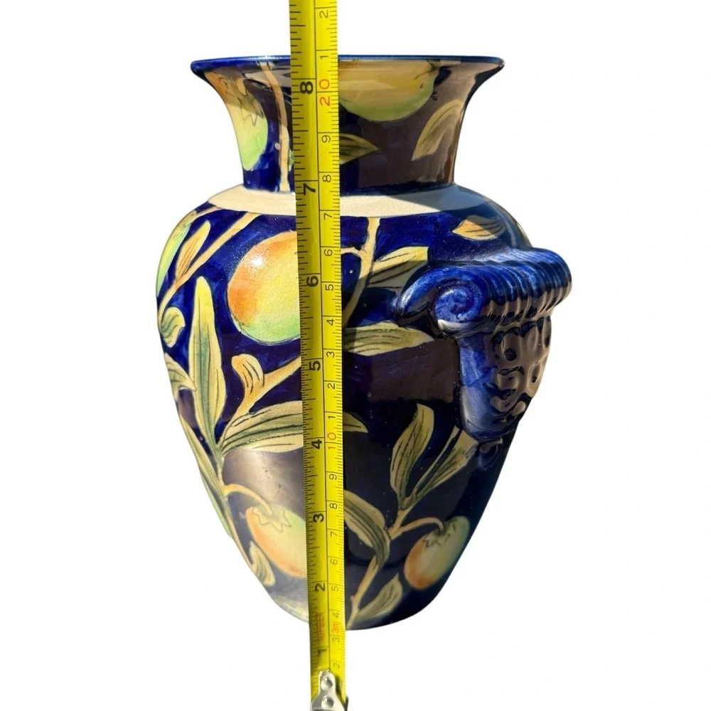 VTG Cantagalli Majolica Vase Cobalt Blue Hand-Painted Fruit Mask Handles 8.5in
